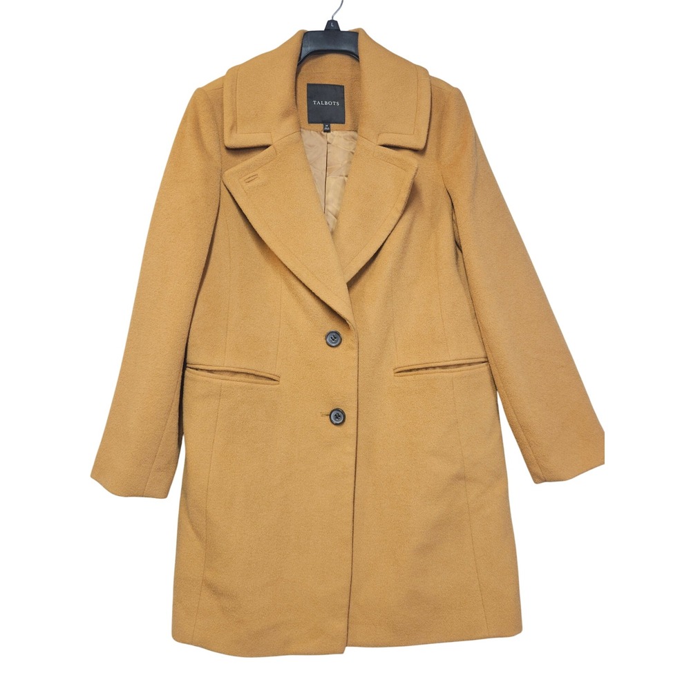 Talbots Womens Camel Wool Blend Walker Coat Tan Button Front Size 14 VN4955